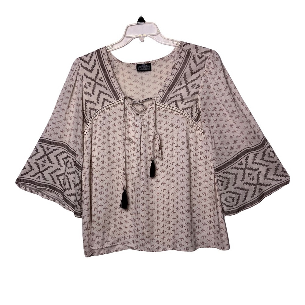 Angie | Beige Geometric Print Crochet Flare Sleeve Peasant Blouse Top, Medium